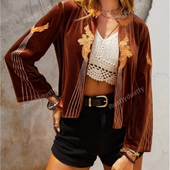 Rusty Dusty Brown Velvet Blazer with Embroidered Accents - Picture 1 of 11